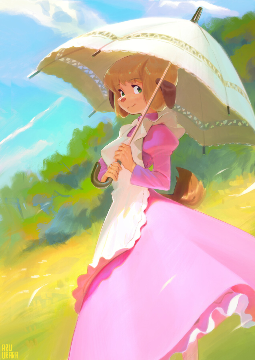 1girl animal_ears animal_nose artist_name bush cloud colored_eyelashes dog dog_ears dog_nose dress eyelashes full_body furry grass highres holding inuki_(aruurara) looking_at_viewer looking_back marie_hudson meitantei_holmes outdoors parasol plant sky tail tree umbrella