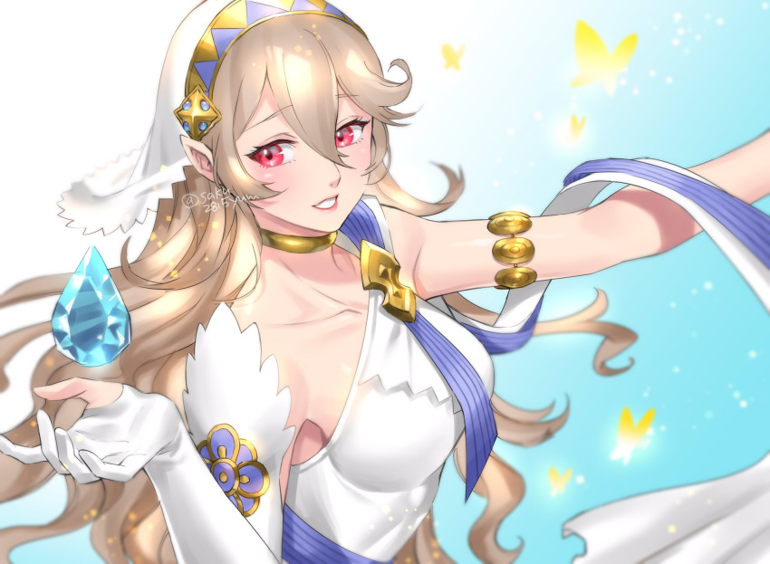 1girl alternate_hairstyle armlet asymmetrical_clothes azura_(fire_emblem) azura_(fire_emblem)_(cosplay) bangs bare_shoulders blush breasts bug butterfly choker commentary_request corrin_(fire_emblem) corrin_(fire_emblem)_(female) cosplay detached_sleeves dragonstone dress elbow_gloves eyebrows_visible_through_hair fire_emblem fire_emblem_fates fire_emblem_heroes floating floating_object gloves hair_between_eyes hair_ornament hairband highres insect jewelry lips long_hair looking_at_viewer manakete medium_breasts official_alternate_costume partially_fingerless_gloves pink_lips platinum_blonde_hair pointy_ears red_eyes single_glove single_sleeve single_strap sleeveless sleeveless_dress smile solo teeth tombsakura twitter_username veil white_dress white_gloves white_headwear white_sleeves white_veil