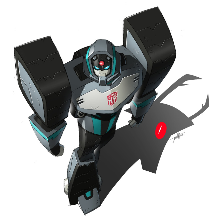 absurdres autobot blue_eyes clenched_hands decepticon from_above highres jeetdoh longarm_(transformers) mecha one-eyed red_eyes science_fiction shadow shockwave_(transformers) signature solo_focus transformers transformers_animated