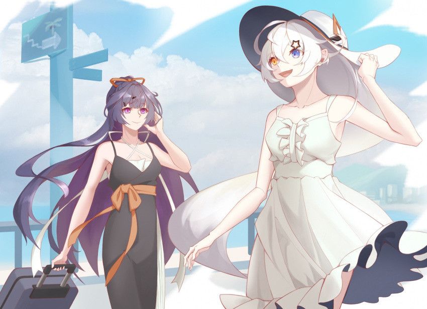 2girls :d antenna_hair artist_request bangs bare_shoulders black_dress blue_eyes blue_sky breasts cloud cloudy_sky dress hair_between_eyes hair_ornament hairpin heterochromia highres holding honkai_(series) honkai_impact_3rd kiana_kaslana long_hair luggage multiple_girls open_mouth outdoors purple_eyes purple_hair raiden_mei sky smile white_dress white_hair white_headwear yellow_eyes