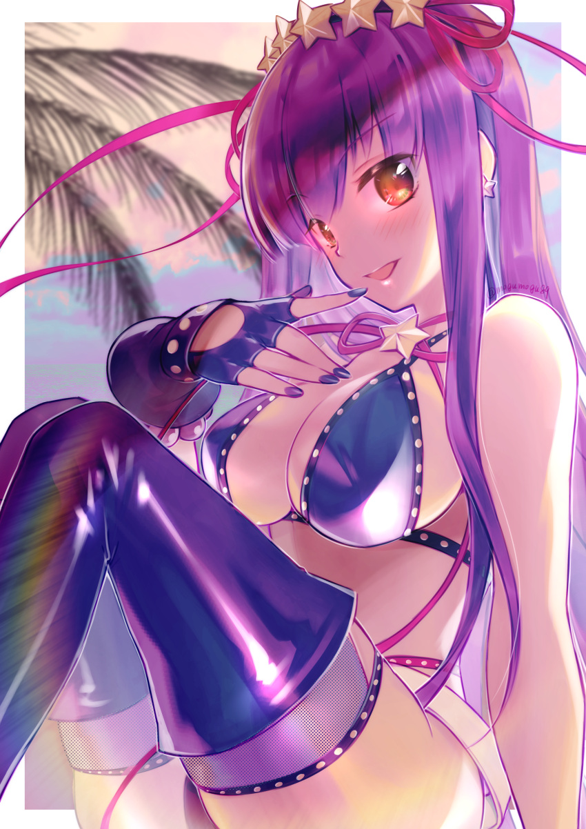 1girl absurdres bangs bare_shoulders bb_(fate)_(all) bb_(swimsuit_mooncancer)_(fate) bead_bracelet beads belt bikini black_gloves black_legwear black_shorts blue_sky blush bracelet breasts cleavage fate/grand_order fate_(series) fingerless_gloves gloves hair_ornament hair_ribbon hairband highres izumi_mogu jewelry knees_up large_breasts long_hair looking_at_viewer loose_belt micro_shorts neck_ribbon open_mouth palm_tree pink_sky purple_bikini purple_hair red_eyes ribbon shorts sitting sky smile solo star_(symbol) star_hair_ornament swimsuit thighhighs thighs tree twilight very_long_hair white_belt