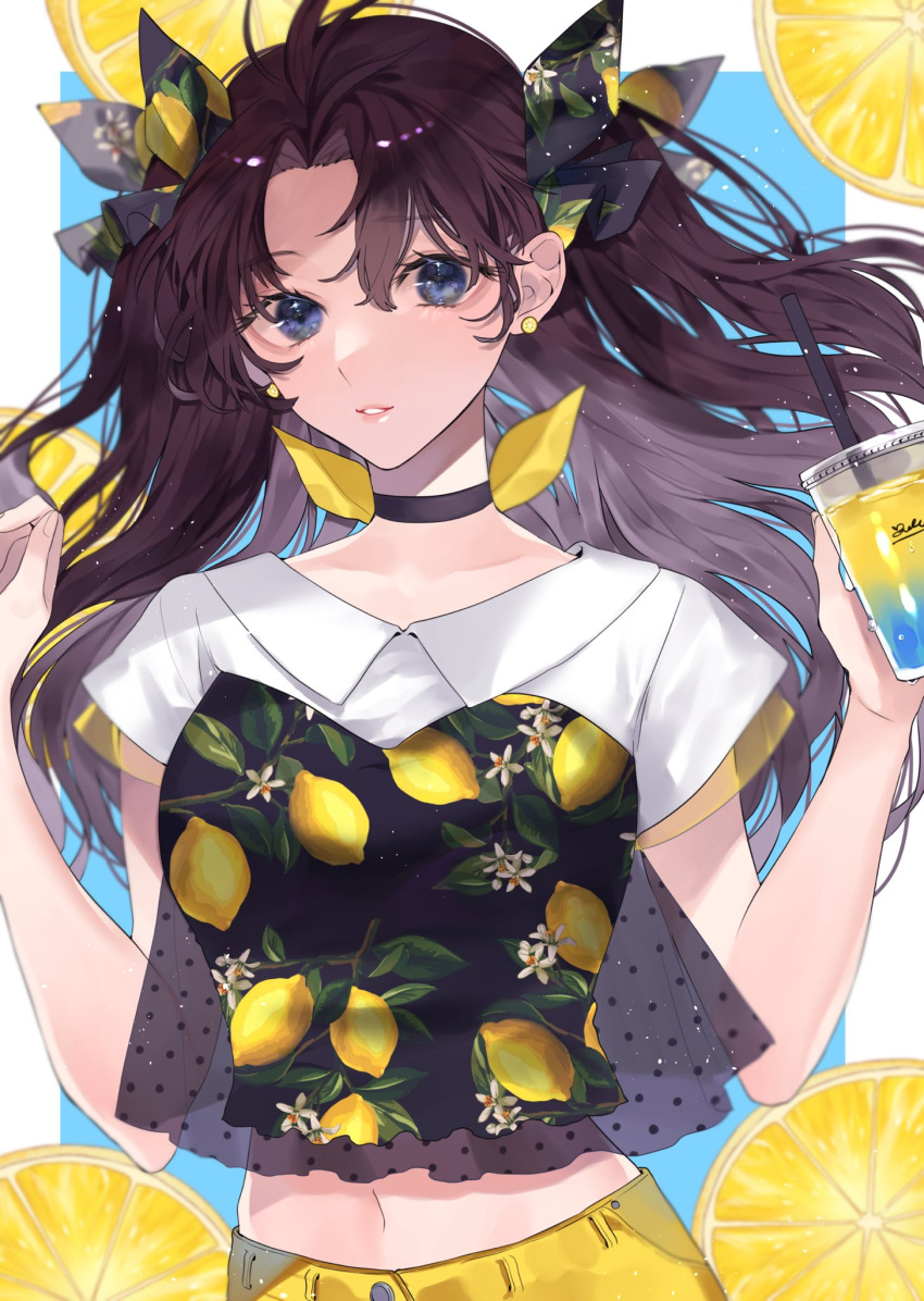 1girl bangs black_choker black_hair blue_eyes choker commentary_request earrings fate/stay_night fate_(series) food fruit hair_ribbon hands_up highres jewelry lemon lemon_slice long_hair midriff navel orange_(food) orange_slice parted_bangs ribbon shimatori_(sanyyyy) smile solo stomach teeth tohsaka_rin two_side_up