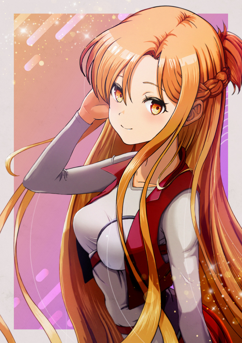 1girl absurdres asuna_(sao) blonde_hair border braid breasts breasts_apart brown_eyes closed_mouth collarbone floating_hair french_braid grey_border grey_shirt hair_between_eyes hair_intakes hand_in_hair highres jacket lens_flare long_hair looking_at_viewer medium_breasts open_clothes open_jacket outside_border pleated_skirt red_jacket red_skirt sasasa_r_23 shiny shiny_hair shirt skirt sleeveless sleeveless_jacket smile solo sword_art_online very_long_hair