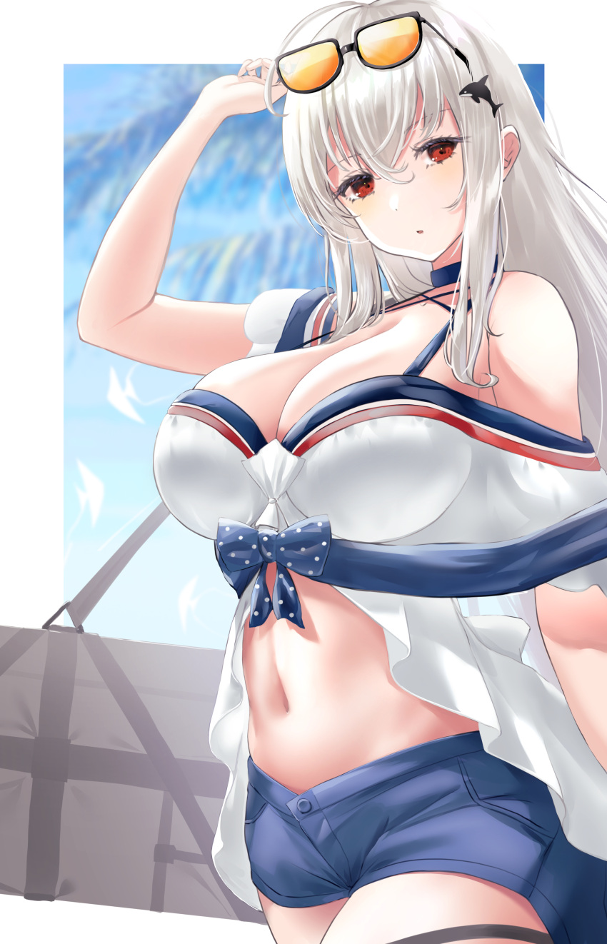 1girl :o absurdres adjusting_eyewear ahoge arknights bare_shoulders bikini blue_shorts breasts cleavage commentary cowboy_shot eyewear_on_head from_side hair_between_eyes hand_up highres large_breasts long_hair looking_at_viewer looking_to_the_side makino midriff navel official_alternate_costume orca_hair_ornament red_eyes shirt shorts silver_hair skadi_(arknights) skadi_(waverider)_(arknights) solo stomach sunglasses swimsuit thigh_strap thighs weapon_case white_shirt