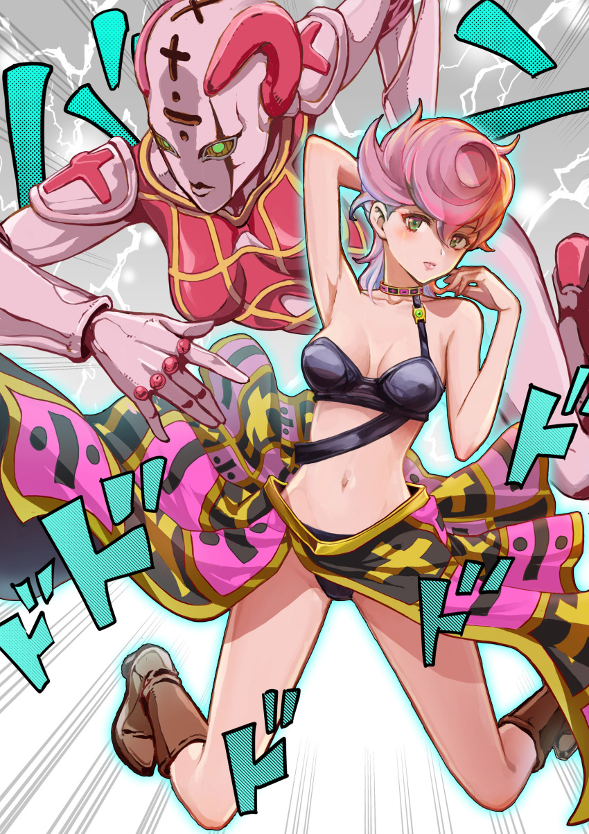 1girl absurdres blush boots breasts cleavage commentary esojima_gary eyelashes gradient gradient_background green_eyes grey_background highres jojo_no_kimyou_na_bouken knee_boots kneehighs looking_at_viewer medium_breasts navel pink_hair short_hair solo spice_girl_(stand) stand_(jojo) trish_una vento_aureo white_background