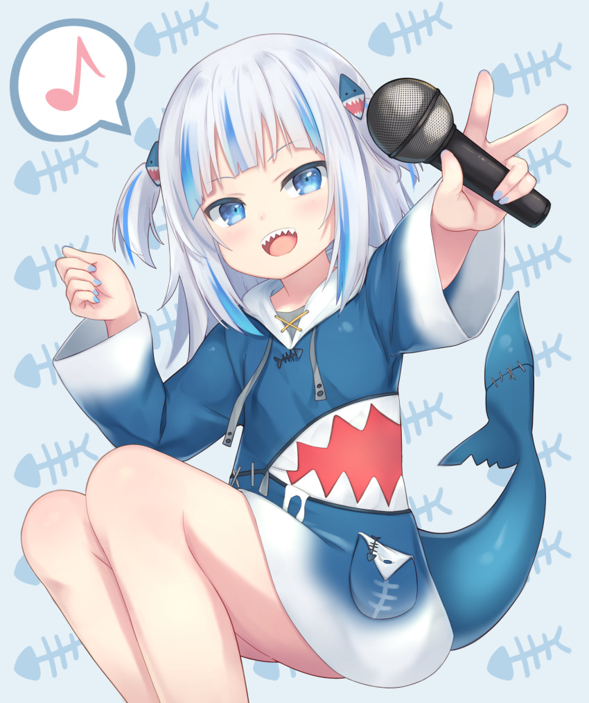 1girl a absurdres aqua_nails bangs bare_legs blue_hair blue_hoodie blunt_bangs fish_bone fish_tail gawr_gura hair_ornament highres holding holding_microphone hololive hololive_english hood hood_down hoodie light_blue_hair microphone multicolored_hair musical_note one_side_up senifu shark_hair_ornament shark_tail sharp_teeth sidelocks smile solo spoken_musical_note streaked_hair tail teeth v virtual_youtuber white_hair