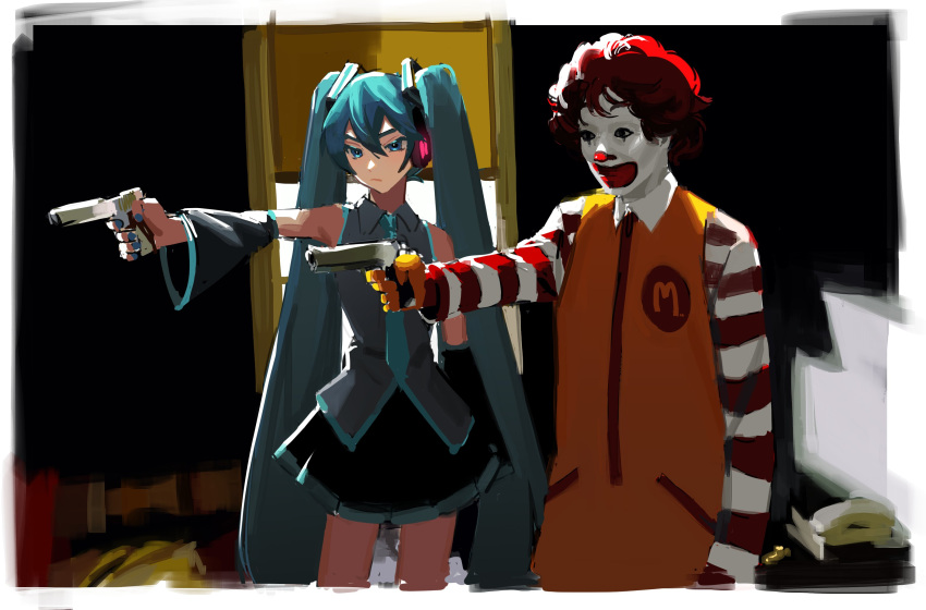 1boy 1girl black_eyes black_skirt blue_eyes blue_hair clown collared_shirt detached_sleeves english_commentary grey_skirt gun handgun hatsune_miku headset highres holding holding_gun holding_weapon kkaags long_hair mcdonald's parody pistol pulp_fiction red_hair ronald_mcdonald shirt skirt sleeveless sleeveless_shirt striped_sleeves twintails very_long_hair vocaloid weapon