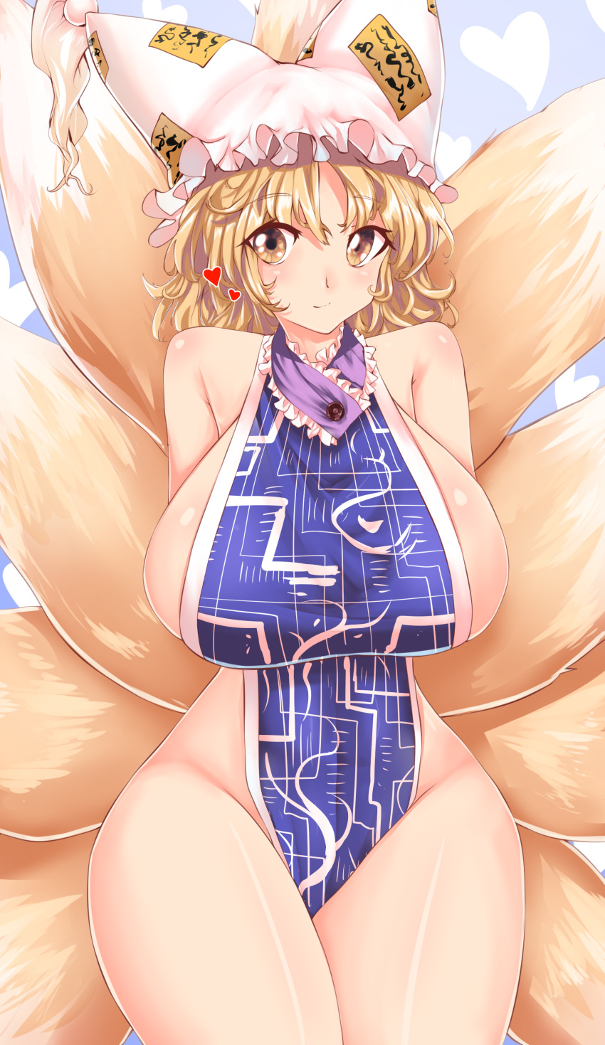1girl absurdres animal_ears arms_behind_back bangs bare_shoulders blonde_hair blue_background blush breasts commentary_request cowboy_shot eyebrows_visible_through_hair fox_ears fox_tail frills gradient gradient_background hair_between_eyes hat heart heart_background highres huge_breasts light_smile looking_at_viewer multiple_tails naked_tabard pillow_hat short_hair sideboob simple_background solo sunyup tabard tail tassel thighs touhou white_headwear yakumo_ran yellow_eyes