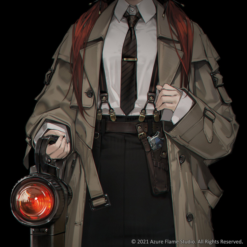 1girl black_background black_neckwear brown_coat coat collared_shirt cowboy_shot hand_up head_out_of_frame highres holding holster long_hair necktie original quuni red_hair shirt shirt_tucked_in simple_background sleeves_past_wrists solo suspenders white_shirt