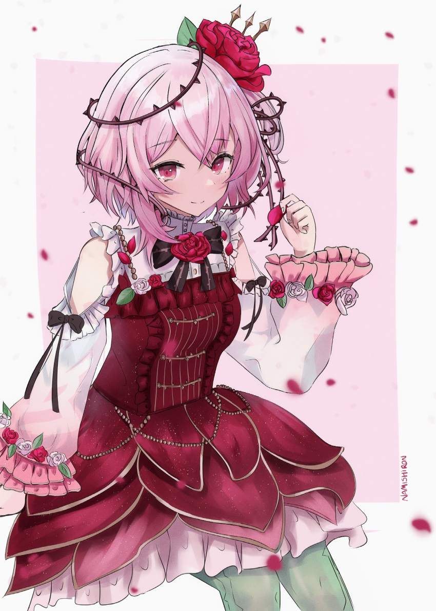 1girl absurdres artist_name breasts clothing_cutout dress flower gothic_lolita green_legwear hair_flower hair_ornament highres leaning_forward lolita_fashion looking_at_viewer namishiron nijisanji nijisanji_en pantyhose pink_eyes plant red_dress red_flower red_rose rose rosemi_lovelock short_hair short_sidetail shoulder_cutout small_breasts smile solo thorns vines virtual_youtuber