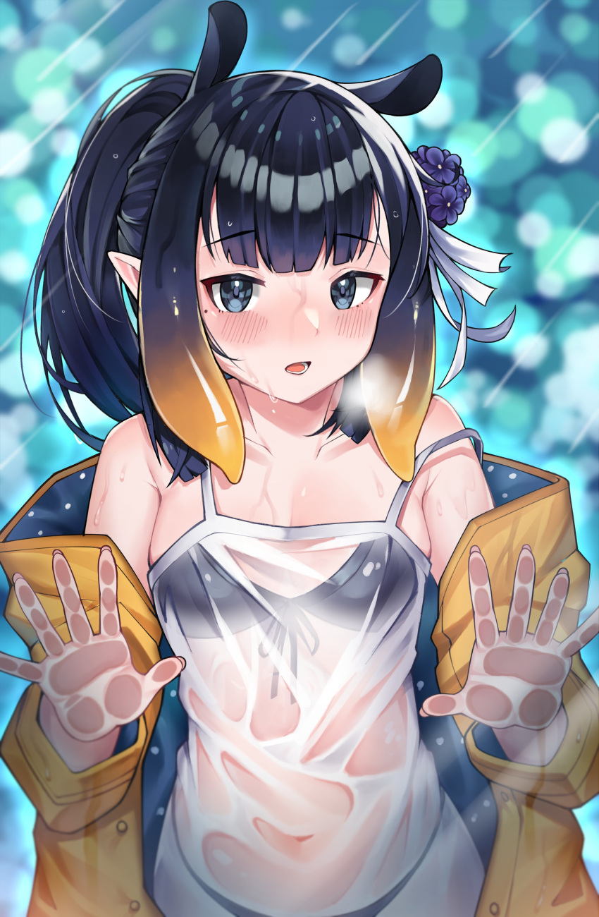 1girl absurdres bangs black_bra black_hair blue_eyes blush bra bra_through_clothes breasts eyebrows_visible_through_hair flower glass hair_behind_ear hair_flower hair_ornament highres hololive hololive_english libratul mole mole_under_eye ninomae_ina'nis open_mouth pointy_ears purple_flower shirt small_breasts solo tank_top tentacle_hair tied_hair underwear virtual_youtuber wet wet_clothes wet_shirt white_tank_top