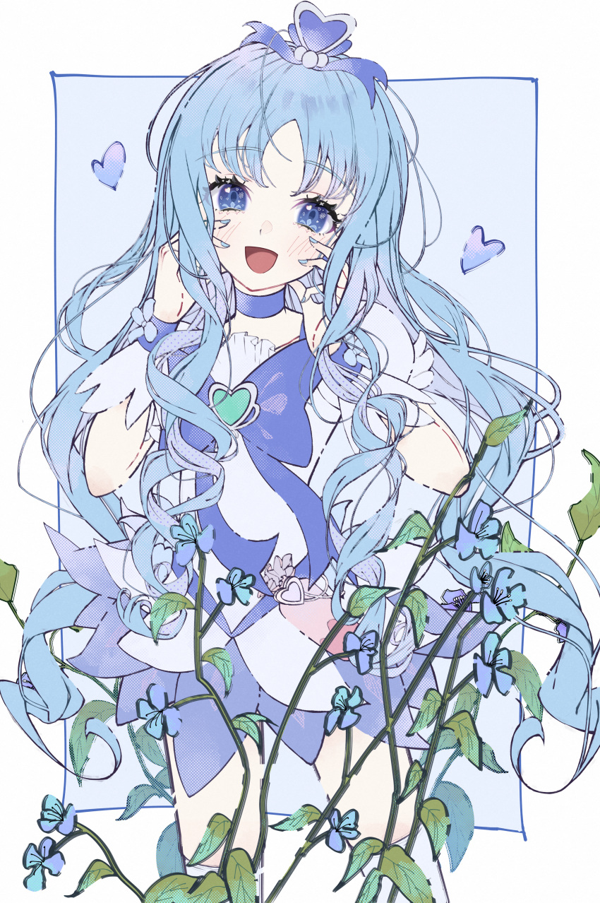 1girl absurdres amino_(li0a4) bangs blue_eyes blue_flower blue_hair blue_nails blue_neckwear blue_ribbon blue_skirt blush cowboy_shot cure_marine eyebrows_visible_through_hair floating_hair flower hair_ornament hair_ribbon heart heart_hair_ornament heartcatch_precure! highres huge_filesize layered_skirt long_hair looking_at_viewer miniskirt nail_polish precure ribbon sketch skirt solo standing very_long_hair wrist_cuffs