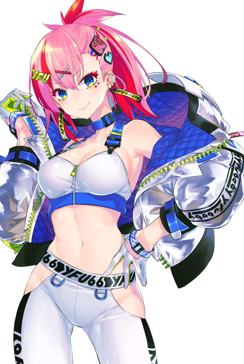 1girl armpits bare_shoulders blue_choker blue_eyes breasts choker cleavage cowboy_shot crop_top ear_piercing earrings eyeshadow gloves groin hair_ornament hairclip halter_top halterneck hand_up highres hip_vent indie_virtual_youtuber jacket jewelry long_hair long_sleeves looking_at_viewer makeup medium_breasts midriff monq multicolored_hair navel off_shoulder open_clothes open_jacket pants piercing pink_hair ponytail shirt shoes simple_background sleeveless sleeveless_shirt smile solo stomach two-tone_hair v-shaped_eyebrows virtual_youtuber white_background white_gloves white_jacket white_pants white_shirt x_hair_ornament yfu