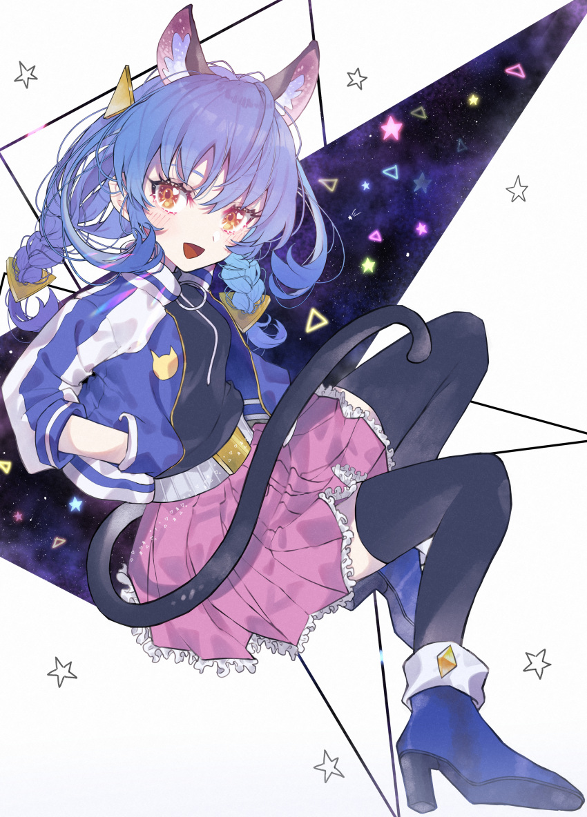 1girl :d absurdres amino_(li0a4) animal_ear_fluff animal_ears belt black_legwear black_shirt blue_footwear blue_hair blue_jacket blush braid cat_ears cat_tail frilled_skirt frills full_body hand_in_pocket high_heels highres huge_filesize jacket long_hair long_sleeves looking_at_viewer low_braid low_twintails miniskirt open_clothes open_jacket open_mouth pink_skirt pleated_skirt precure shirt skirt smile solo star_twinkle_precure tail thighhighs twin_braids twintails white_background yellow_eyes yuni_(precure) zettai_ryouiki
