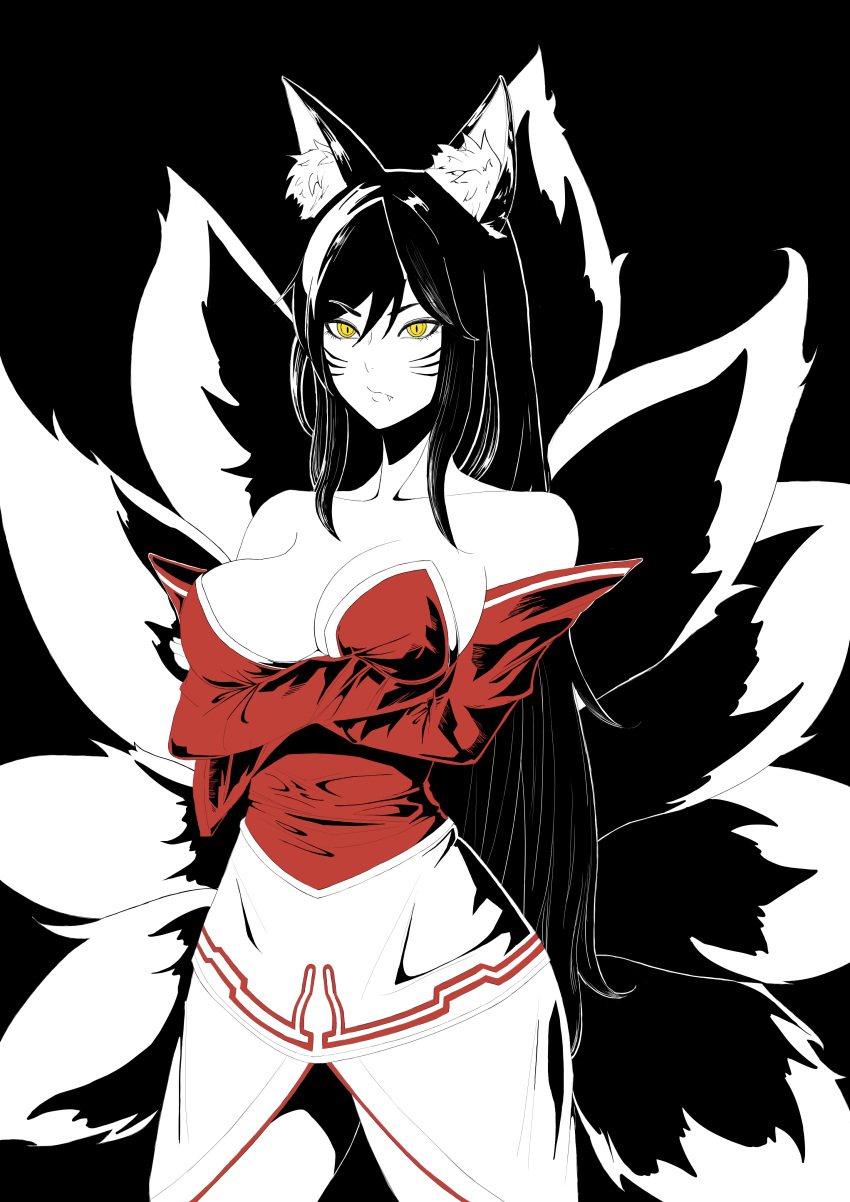 1girl absurdres ahri animal_ears arms_under_breasts bangs bare_shoulders black_background black_hair breasts cdb_(10footah) cleavage collarbone cowboy_shot crossed_arms dress eyebrows_visible_through_hair facial_mark fang fox_ears fox_girl fox_tail hair_between_eyes highres korean_clothes kumiho large_breasts league_of_legends long_hair monochrome multiple_tails pout red_dress short_dress slit_pupils solo spot_color tail vastaya very_long_hair whisker_markings yellow_eyes