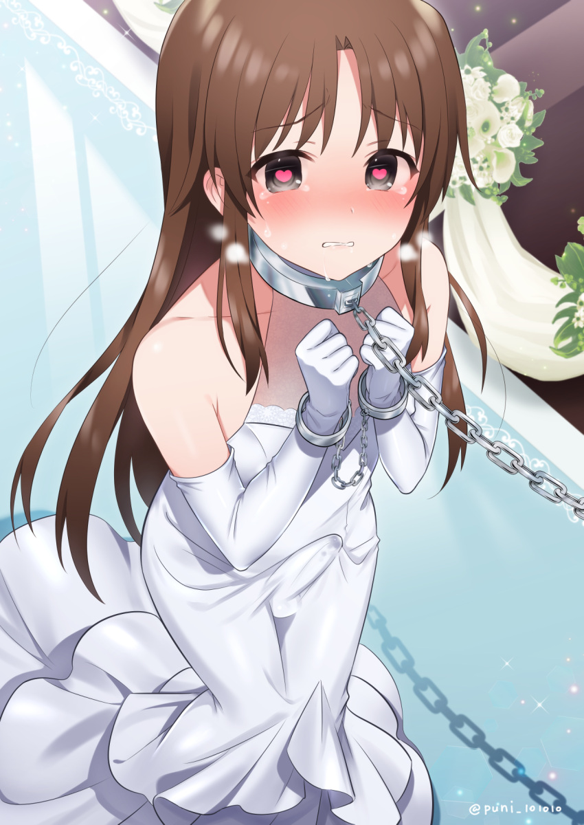 +++_(artist) 1boy bare_shoulders blush bride brown_hair bulge chain chained_wrists clenched_teeth commission crossdressing dress elbow_gloves erection erection_under_clothes gloves heart heart-shaped_pupils highres little_busters! long_dress long_hair male_focus naoe_riki nose_blush otoko_no_ko precum skeb_commission solo symbol-shaped_pupils tears teeth white_dress white_gloves