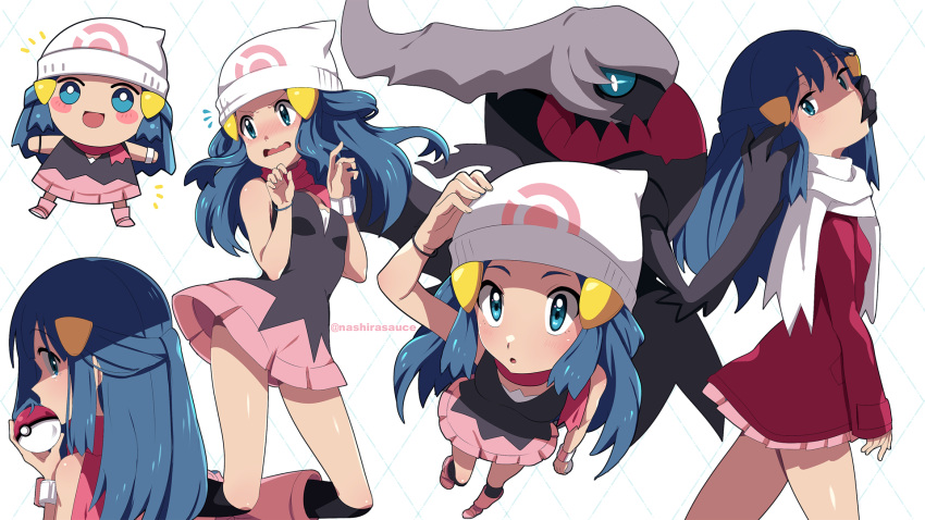 1girl arm_up bangs beanie black_legwear blue_eyes blue_hair blush_stickers boots bracelet chibi coat commentary darkrai dawn_(pokemon) gen_4_pokemon hair_ornament hairclip hand_up hat highres holding holding_poke_ball jewelry kneehighs long_hair long_sleeves looking_back mythical_pokemon nashirasauce notice_lines pink_footwear pink_scarf poke_ball poke_ball_(basic) pokemon pokemon_(anime) pokemon_(creature) pokemon_dppt_(anime) red_coat scarf sidelocks white_scarf