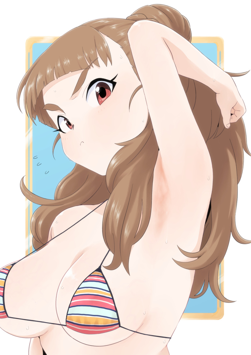 1girl armpits bikini bikini_top blush brown_hair eyebrows highres hime_cut idolmaster idolmaster_cinderella_girls kamiya_nao micro_bikini mizu_kane ponytail pose red_eyes shy string_bikini striped striped_bikini striped_swimsuit swimsuit thick_eyebrows tied_hair triad_primus_(idolmaster) tsundere