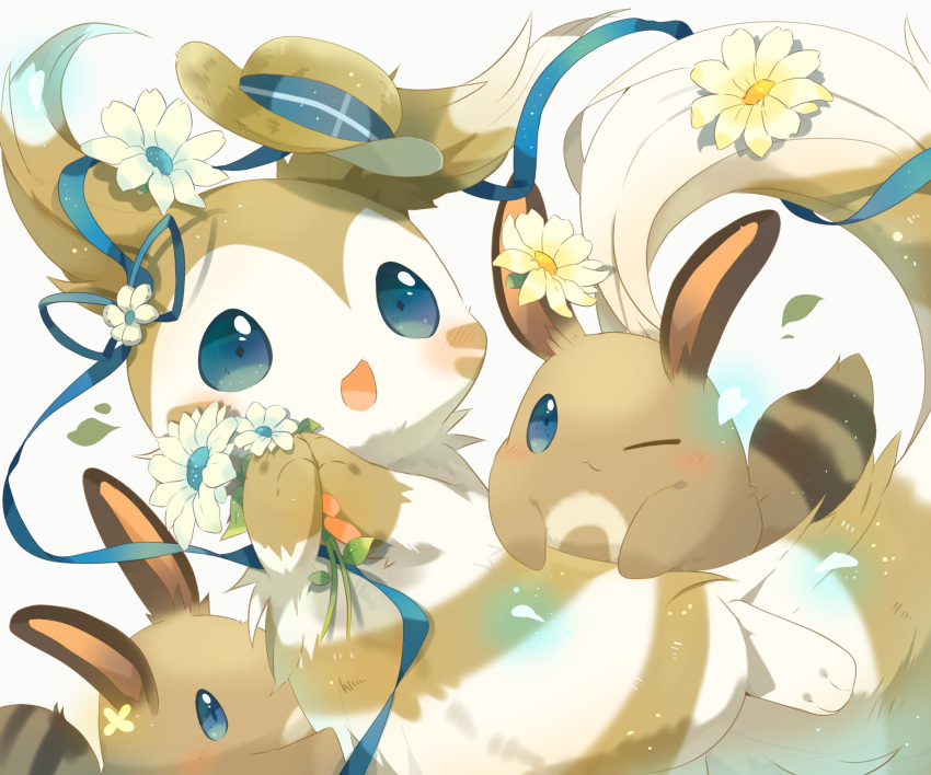 blue_eyes blue_ribbon blush closed_mouth commentary_request flower furret gen_2_pokemon hat hat_removed headwear_removed highres holding holding_flower leaves_in_wind no_humans one_eye_closed open_mouth pokemon pokemon_(creature) ribbon sentret tongue ushiina white_background