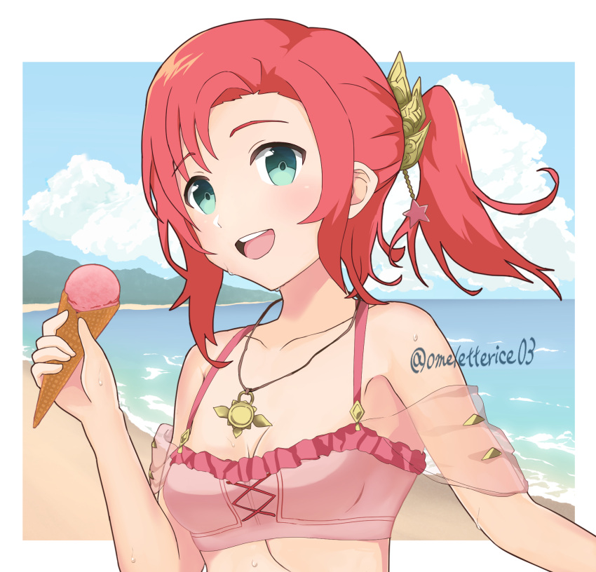 1girl asymmetrical_bangs bangs beach bikini breasts cleavage cloud commentary_request eyebrows_visible_through_hair fire_emblem fire_emblem:_mystery_of_the_emblem fire_emblem_heroes green_eyes hair_ornament happy highres ice_cream_cone jewelry komurice looking_at_viewer mountain norne_(fire_emblem) official_alternate_costume open_mouth pendant pink_bikini ponytail red_hair short_hair small_breasts solo star_(symbol) star_hair_ornament sweat swimsuit tongue twitter_username upper_body upper_teeth