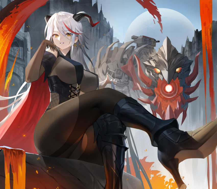 1girl aegir_(azur_lane) azur_lane black_footwear blush bodystocking boots breast_curtains breasts cross cross_earrings earrings from_below grin hand_on_own_face high_heels highres hood_(james_x) horns jewelry large_breasts leg_up long_hair looking_at_viewer mechanical_dragon multicolored_hair outdoors red_hair shoe_soles silver_hair sitting smile solo streaked_hair symbol_commentary yellow_eyes