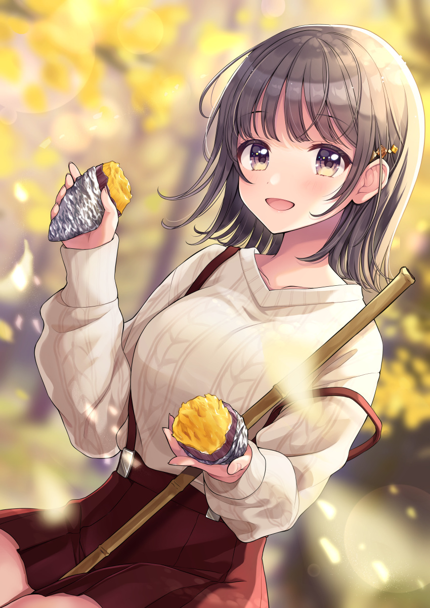 1girl :d absurdres akowazaki aran_sweater autumn autumn_leaves bamboo bamboo_broom bangs between_legs blurry blurry_background blush breasts broom brown_hair collarbone commentary_request day depth_of_field eyebrows_visible_through_hair food ginkgo hair_ornament hairclip highres holding holding_food large_breasts leaf long_sleeves looking_at_viewer maple_leaf medium_breasts medium_hair miniskirt open_mouth original outdoors pleated_skirt pov purple_eyes red_skirt sitting skirt smile solo suspender_skirt suspenders sweater sweet_potato thighs white_sweater