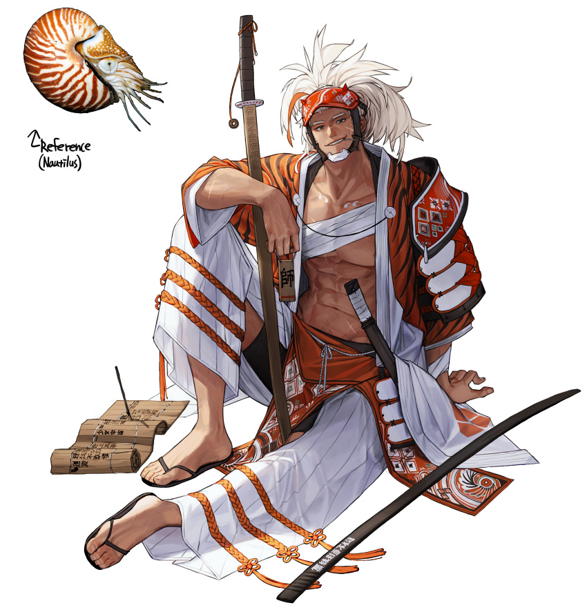 1boy abs absurdres black_footwear full_body highres looking_at_viewer muscular muscular_male nautilus_(animal) original pants parted_lips pectorals personification rinotuna sandals sitting smile solo sword weapon white_hair white_pants