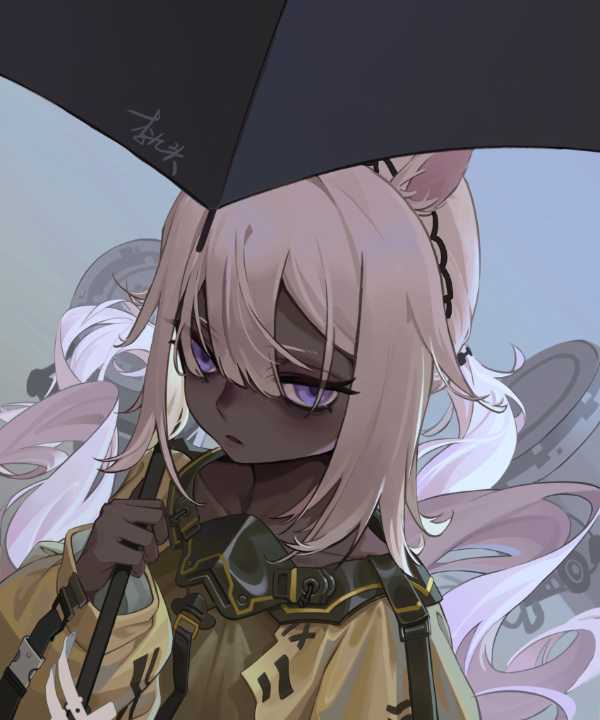 1girl absurdres arknights bags_under_eyes bangs camel_ears coat collarbone dark-skinned_female dark_skin eyelashes hair_flaps hairband highres holding holding_umbrella lee999nine looking_at_viewer low_twintails open_clothes open_coat parted_lips purple_eyes signature snap-fit_buckle solo strap thick_thighs thighs tuye_(arknights) twintails umbrella wavy_hair white_hair yellow_coat