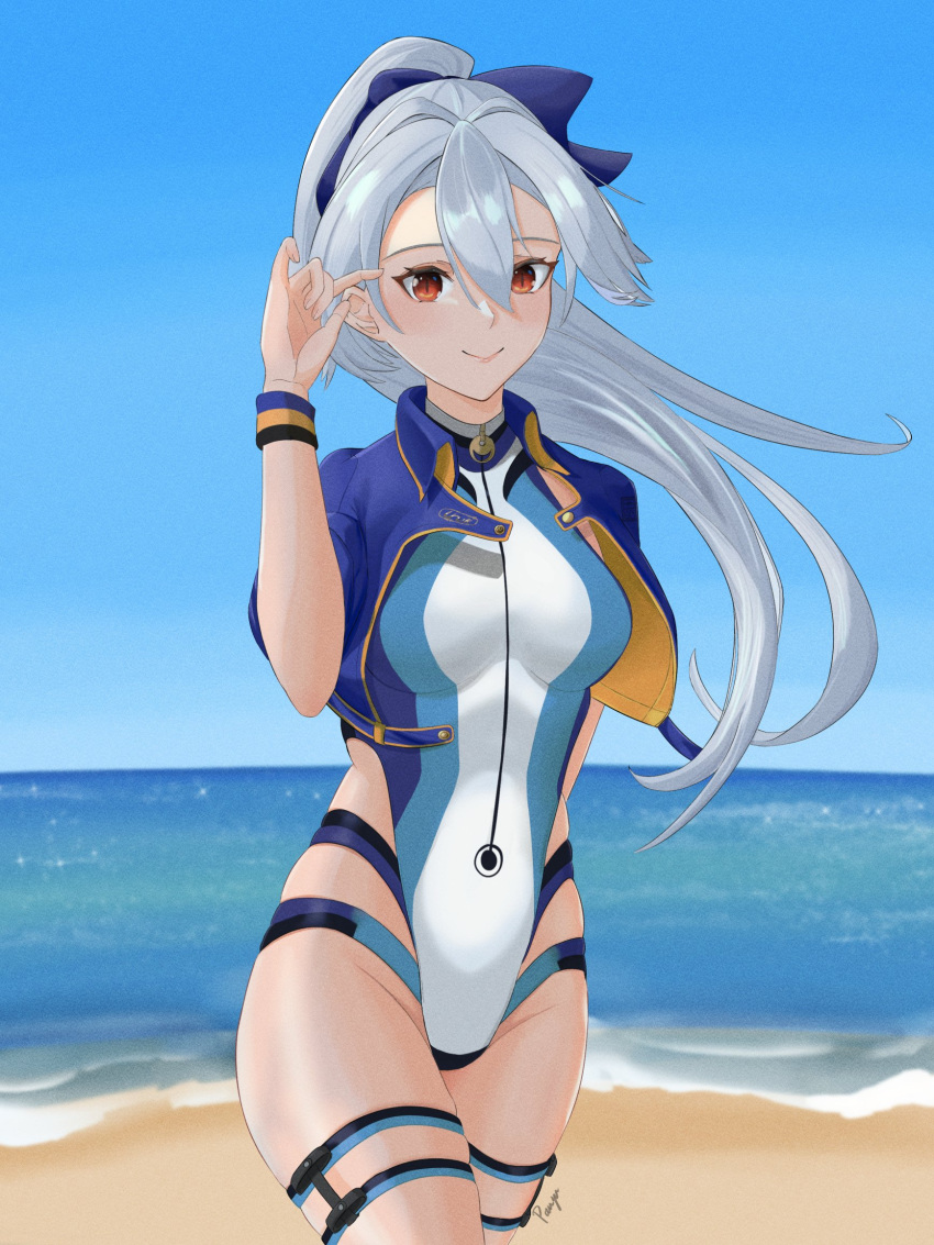 1girl beach blue_bow blue_jacket blue_sky blue_swimsuit blush bow breasts competition_swimsuit eipanguino fate/grand_order fate_(series) hair_between_eyes hair_bow highleg highleg_swimsuit highres jacket long_hair looking_at_viewer medium_breasts multicolored multicolored_clothes multicolored_swimsuit ocean one-piece_swimsuit open_clothes open_jacket outdoors ponytail red_eyes short_sleeves signature silver_hair sky slit_pupils smile solo striped striped_swimsuit striped_wristband swimsuit thigh_strap tomoe_gozen_(fate) tomoe_gozen_(swimsuit_saber)_(fate) white_swimsuit