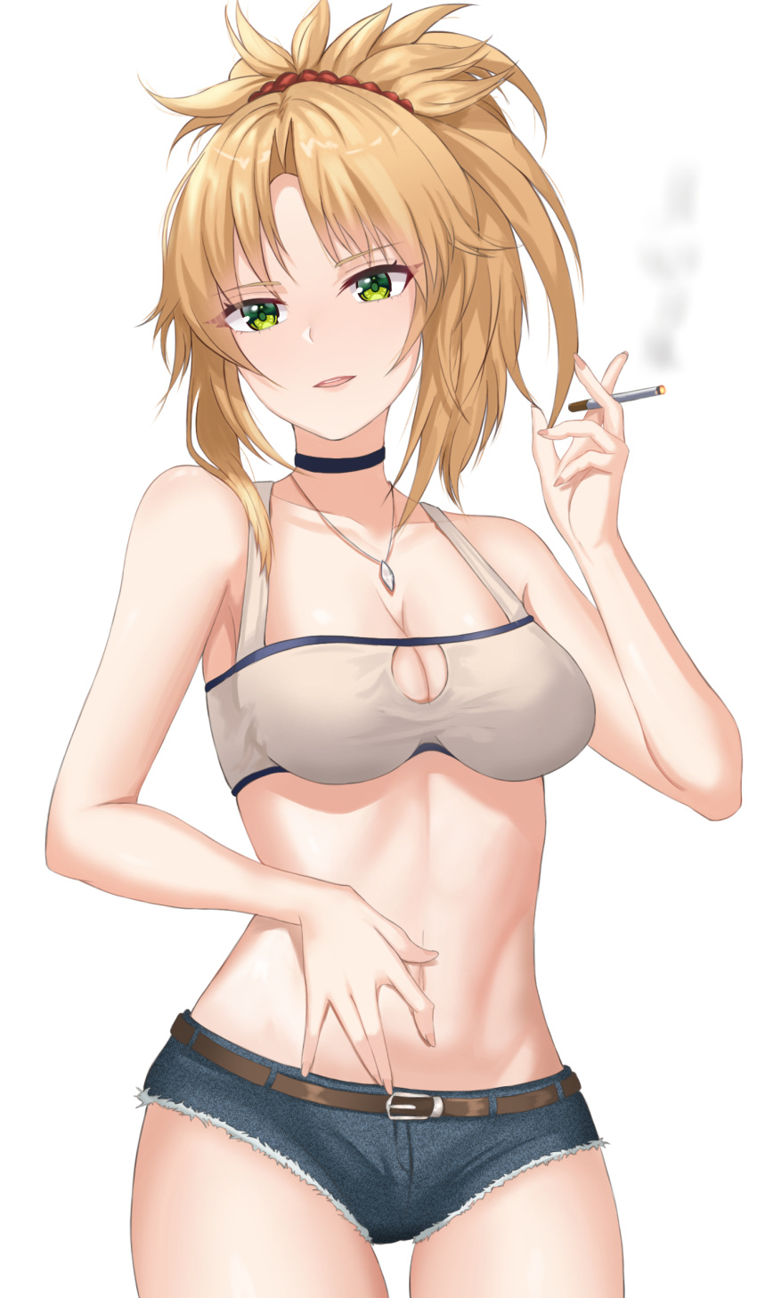 1girl absurdres bare_arms bare_shoulders belt black_choker blonde_hair blue_shorts breasts choker cigarette cleavage cleavage_cutout clothing_cutout cowboy_shot crop_top cutoffs denim denim_shorts fate/grand_order fate_(series) green_eyes hand_on_own_stomach highres holding jewelry laura_jun long_hair looking_at_viewer medium_breasts micro_shorts midriff mordred_(fate) mordred_(fate)_(all) navel necklace open_mouth ponytail short_shorts shorts simple_background sleeveless smoking solo spiked_hair stomach white_background