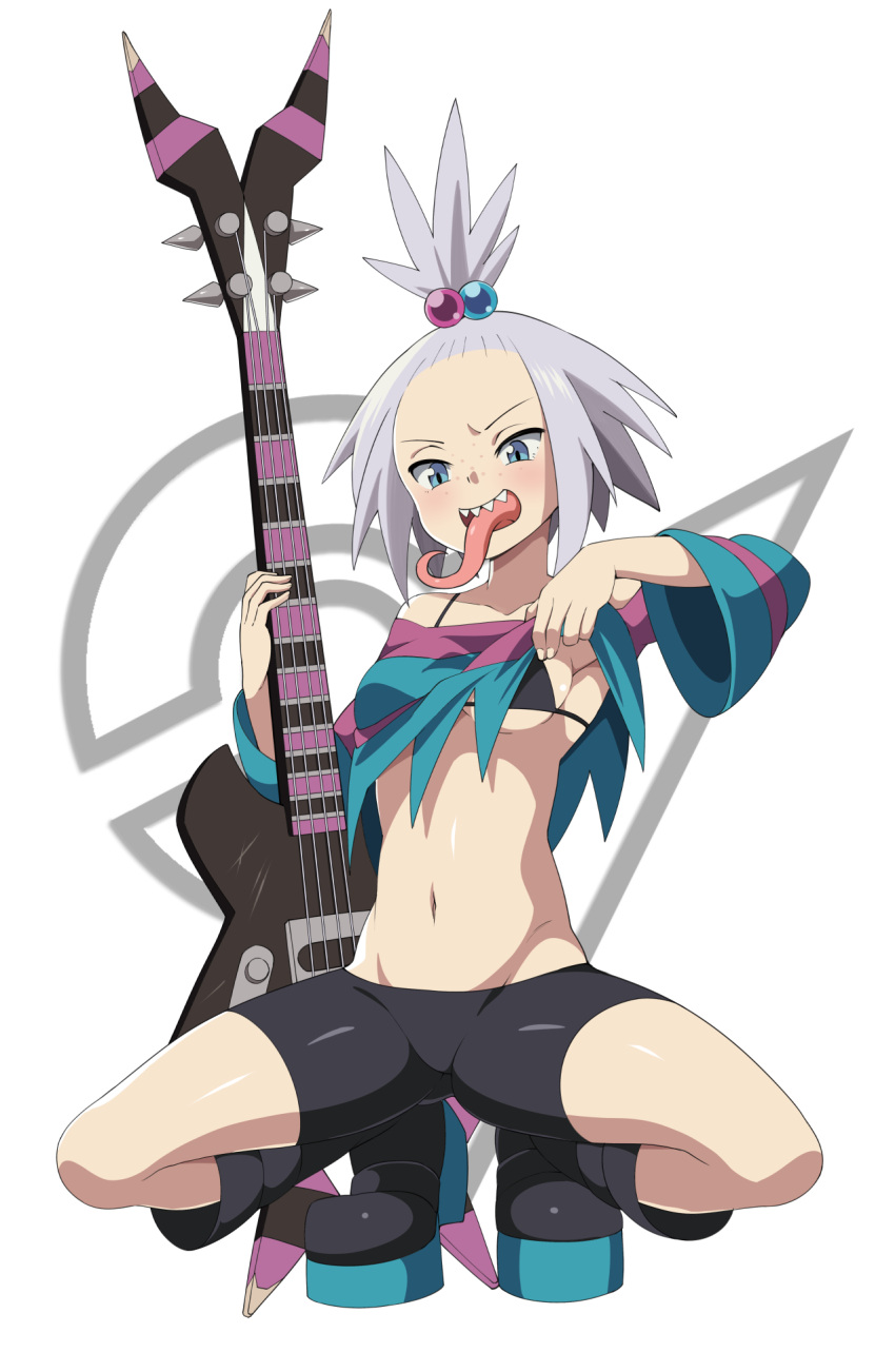 1girl bass_guitar bike_shorts black_bra black_footwear blue_eyes blush boots bra breasts clothes_lift commentary commission forehead full_body grey_hair gym_leader hair_bobbles hair_ornament highres instrument lifted_by_self long_tongue navel open_mouth platform_boots pokemon pokemon_(game) pokemon_bw2 roxie_(pokemon) sharp_teeth shirt shirt_lift solo spiked_hair spread_legs squatting striped striped_shirt suitenan teeth tongue tongue_out topknot underwear
