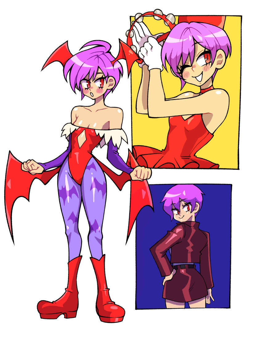 1girl animal_print ass bare_shoulders bat_print beta's_inferno black_jacket black_skirt blush boots breasts cleavage demon_girl dress hand_on_hip head_wings highres instrument jacket lilith_aensland multiple_views one_eye_closed parted_lips print_legwear purple_hair purple_legwear red_dress red_eyes red_footwear red_headwear short_hair skirt small_breasts tambourine vampire_(game)