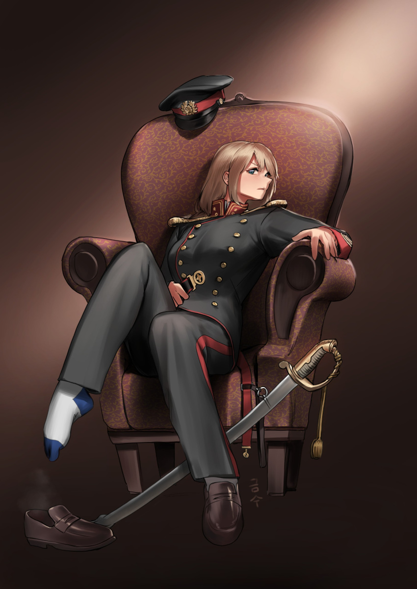 1girl absurdres bangs blonde_hair blue_eyes breasts brown_background brown_footwear chair closed_mouth commentary_request full_body geumsu hat hat_removed headwear_removed highres holding_belt korean_commentary long_pants looking_at_viewer medium_breasts medium_hair military military_hat military_uniform original pants saber_(weapon) shoes simple_background single_shoe sitting socks solo steam sword uniform weapon white_legwear