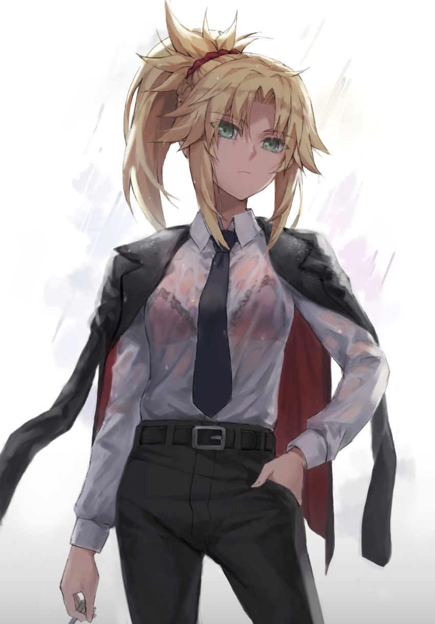 1girl bangs belt black_jacket black_pants blonde_hair bra braid breasts collared_shirt dress_shirt ear_piercing eyebrows_visible_through_hair fate/apocrypha fate_(series) french_braid green_eyes hair_ornament hair_scrunchie highres jacket jacket_on_shoulders long_hair long_sleeves looking_at_viewer mordred_(fate) mordred_(fate)_(all) necktie pants parted_bangs piercing ponytail red_bra scrunchie shirt sidelocks small_breasts tonee underwear wet wet_clothes white_shirt