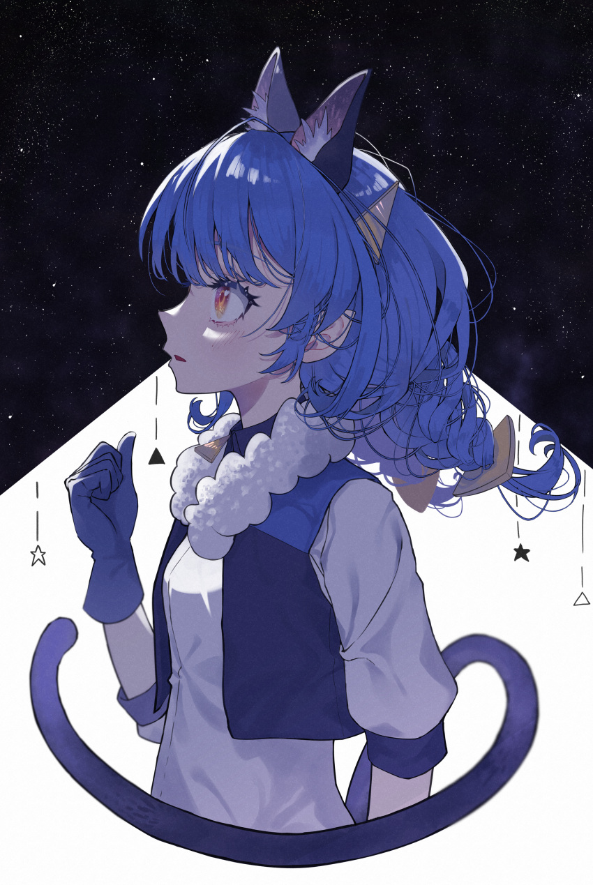 1girl absurdres amino_(li0a4) animal_ear_fluff animal_ears blue_gloves blue_hair braid cat_ears cat_tail cropped_torso from_side gloves hair_ornament highres long_hair low_braid low_twintails open_mouth precure profile shirt sketch solo star_twinkle_precure tail twin_braids twintails upper_body white_shirt yellow_eyes yuni_(precure)