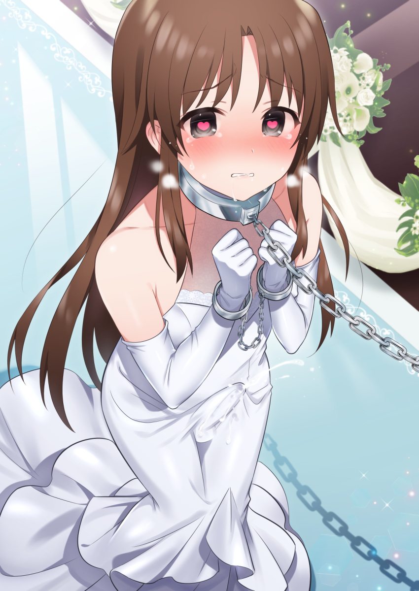 +++_(artist) 1boy bare_shoulders blush bride brown_hair bulge chain chained_wrists clenched_teeth commission crossdressing cum cum_in_clothes cum_through_clothes dress ejaculation elbow_gloves erection erection_under_clothes gloves heart heart-shaped_pupils highres little_busters! long_dress long_hair male_focus naoe_riki nose_blush otoko_no_ko skeb_commission solo symbol-shaped_pupils tears teeth white_dress white_gloves