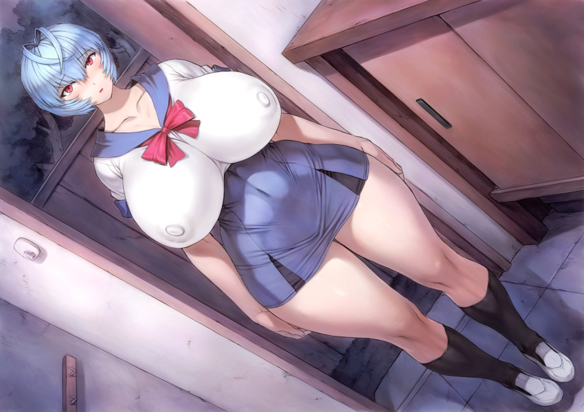 1girl alternate_breast_size ayanami_rei black_legwear blue_hair blush breasts covered_nipples curvy dutch_angle full_body highres huge_breasts kitchen looking_at_viewer mogudan neon_genesis_evangelion red_eyes school_uniform shoes short_hair socks solo standing thick_thighs thighs white_footwear wide_hips