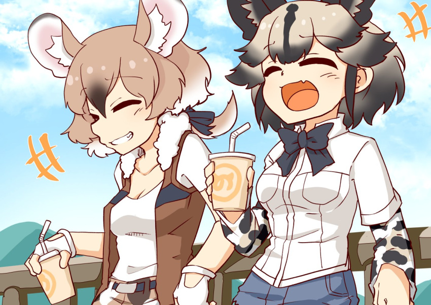 2girls 370ml african_wild_dog_(kemono_friends) african_wild_dog_print animal_ears bomber_jacket bow bowtie brown_hair camouflage camouflage_pants closed_eyes collared_shirt commentary_request cup denim denim_shorts dog_ears dog_girl extra_ears eyebrows_visible_through_hair fang fingerless_gloves fur_collar gambian_pouched_rat_(kemono_friends) gloves hair_between_eyes hair_bow jacket japari_symbol kemono_friends light_brown_hair long_sleeves mouse_ears mouse_tail multicolored_hair multiple_girls open_mouth pants print_sleeves shirt short_hair short_shorts short_sleeves shorts sleeveless t-shirt tail tied_hair white_fur white_gloves white_hair