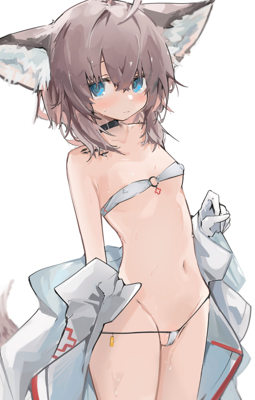 1girl ahoge animal_ears arknights bikini black_choker blue_eyes blush breasts brown_hair choker collarbone covered_nipples fox_ears fox_girl fox_tail gloves highres jacket looking_at_viewer micro_bikini mikojin navel o-ring o-ring_bikini off-shoulder_bikini off_shoulder short_hair simple_background small_breasts solo sussurro_(arknights) sweat swimsuit symbol_commentary tail white_background white_bikini white_gloves white_jacket
