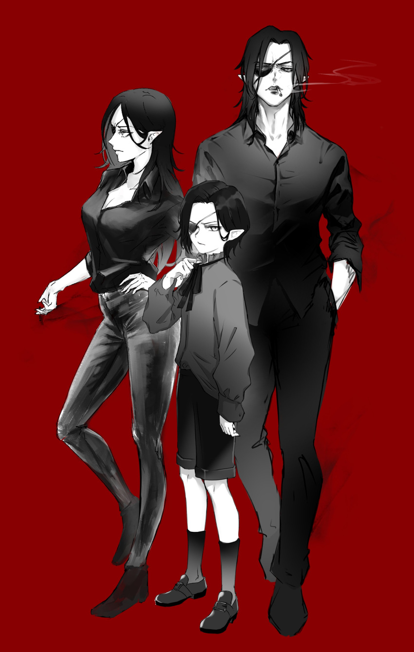 1boy 1girl 2boys absurdres arm_over_head black_eyepatch black_hair black_legwear black_neckwear black_shirt black_shorts breasts cigarette cleavage collared_shirt cropped_legs crossed_legs denim eyepatch grey_shirt hair_behind_ear hand_on_hip hideko_(hyde_(tabakko)) highres holding holding_cigarette holding_pen hyde_(hyde_(tabakko)) hyde_(tabakko) jeans long_hair looking_ahead looking_at_viewer male_focus medium_breasts multiple_boys one_eye_covered original pants parted_lips pen pointy_ears pose red_background red_eyes shirt shirt_tucked_in shorts smoking solo v-shaped_eyebrows vampire younger
