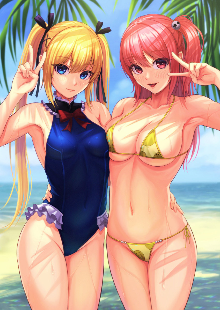 bikini cameltoe dead_or_alive erect_nipples honoka_(doa) itsuki_kunihiro marie_rose swimsuits symmetrical_docking wet