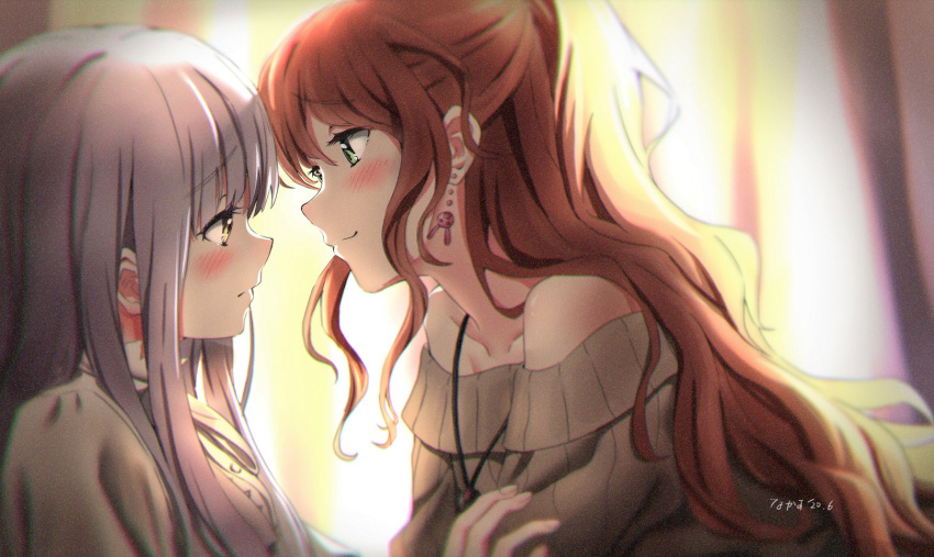 2girls backlighting bang_dream! bangs bare_shoulders blush brown_hair bunny_earrings collarbone commentary_request curtains earrings eye_contact face-to-face green_eyes highres imai_lisa jewelry light_purple_hair long_hair looking_at_another minato_yukina multiple_girls smile tree_bowbow upper_body yellow_eyes yuri