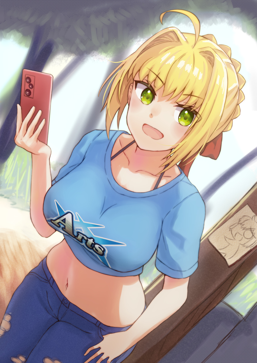 1girl :d absurdres ahoge alternate_costume arts_shirt bangs blonde_hair blue_shirt bra_strap breasts cellphone collarbone cowboy_shot crop_top denim drawing english_text eyebrows_visible_through_hair fate/extra fate/grand_order fate_(series) from_above green_eyes hair_ribbon hand_in_pocket hand_up highres holding holding_phone jeans large_breasts long_hair looking_at_viewer midriff navel nero_claudius_(fate) nero_claudius_(fate)_(all) open_mouth pants phone red_ribbon reijgr_(ff9999x) ribbon shadow shirt short_sleeves smartphone smile solo tied_hair torn_clothes torn_jeans torn_pants tree