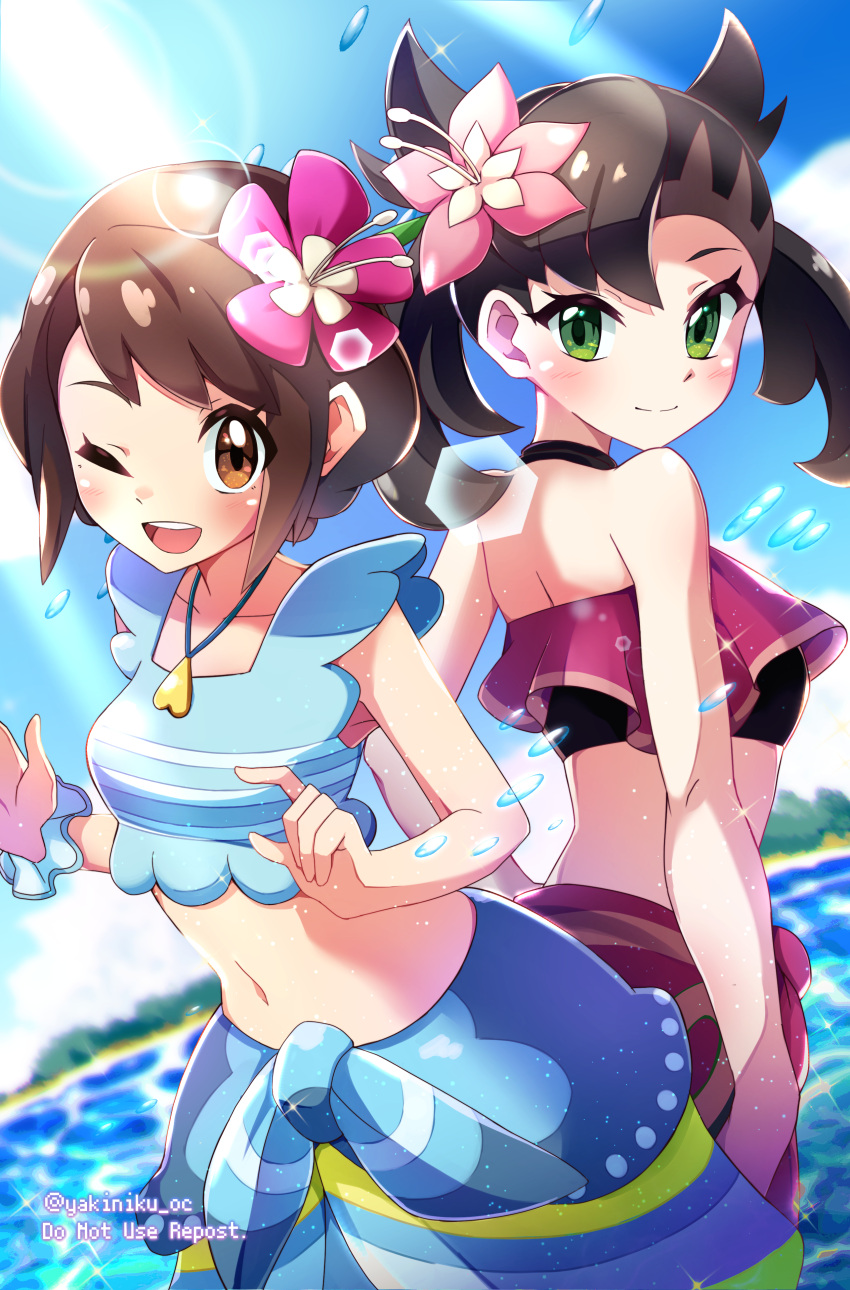 2girls ;d absurdres asymmetrical_bangs bangs blue_sarong blue_shirt blush brown_eyes brown_hair closed_mouth cloud collarbone commentary_request day eyelashes flower gloria_(pokemon) green_eyes hair_flower hair_ornament highres jewelry lens_flare looking_at_viewer looking_back marnie_(pokemon) miyama-san multiple_girls navel necklace one_eye_closed open_mouth outdoors pink_flower pokemon pokemon_(game) pokemon_masters_ex purple_flower purple_sarong sarong shirt short_hair sky sleeveless sleeveless_shirt smile sparkle tongue twintails twitter_username upper_teeth water