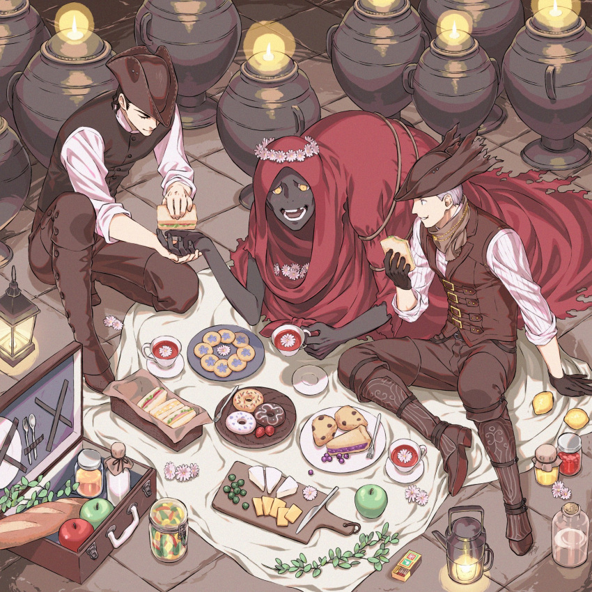 3boys apple arizuka_(catacombe) baguette basket black_gloves black_hair blanket bloodborne boots bread cheese cloak closed_eyes closed_mouth commentary_request cookie cup dark-skinned_male dark_skin doughnut fire flame flower food fork fruit gloves grapes hat head_wreath highres holding holding_cup holding_food holding_hands hunter_(bloodborne) jam jar knife lamp long_pants long_sleeves looking_at_another matchbox matches missing_tooth multiple_boys oedon_chapel_dweller open_mouth pants picnic pie_slice plate pot red_cloak sandwich saucer shirt sitting sleeves_rolled_up smile stone_floor strawberry suitcase tea teacup tile_floor tiles tricorne vest white_flower white_hair white_shirt yellow_eyes