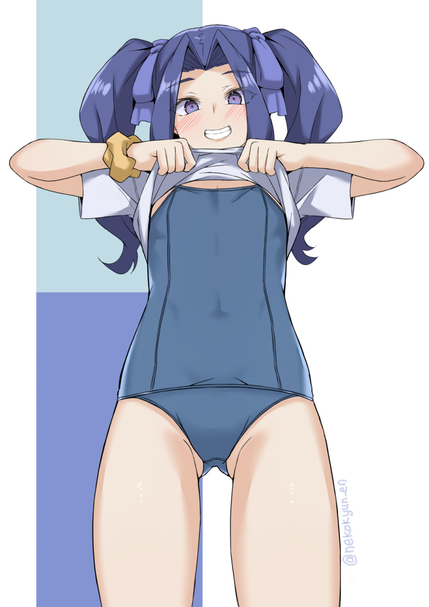 1girl arms_up ass_visible_through_thighs blue_swimsuit blush clothes_lift grin hair_intakes highres lifted_by_self long_hair melty_q_melromarc nekokyun no_pants one-piece_swimsuit purple_eyes purple_hair ribbon school_swimsuit scrunchie shirt shirt_lift short_sleeves smile solo swimsuit swimsuit_under_clothes tate_no_yuusha_no_nariagari thighs twintails white_shirt wrist_scrunchie