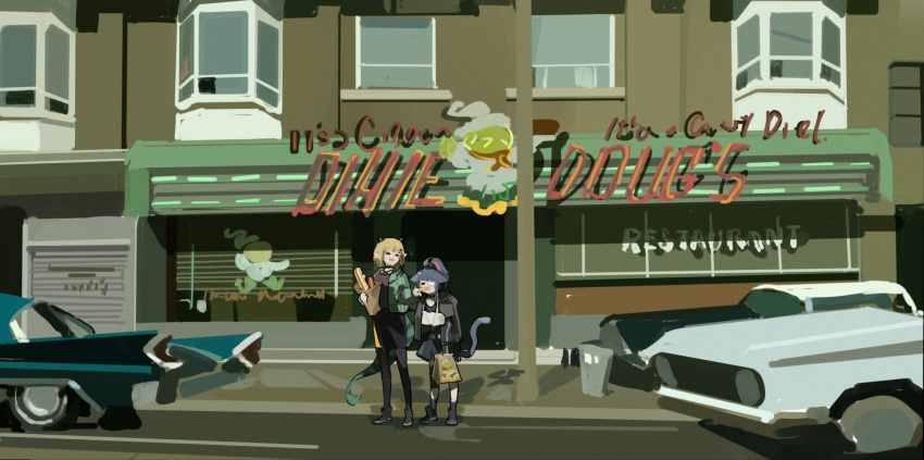 2girls animal_ears arknights bag black_footwear black_legwear black_shirt black_skirt blue_hair blush_stickers car cast cat_ears cat_girl cat_tail closed_eyes colored_inner_hair commentary diner dragon_girl dragon_horns dragon_tail eyepatch feeding full_body green_jacket ground_vehicle highres holding holding_bag horns jacket jessica_(arknights) medical_eyepatch motor_vehicle multicolored_hair multiple_girls open_clothes open_jacket open_mouth outdoors pantyhose pink_hair pointy_ears shinnasuka025 shirt skirt socks standing tail trash_can utility_pole vanilla_(arknights) white_eyepatch