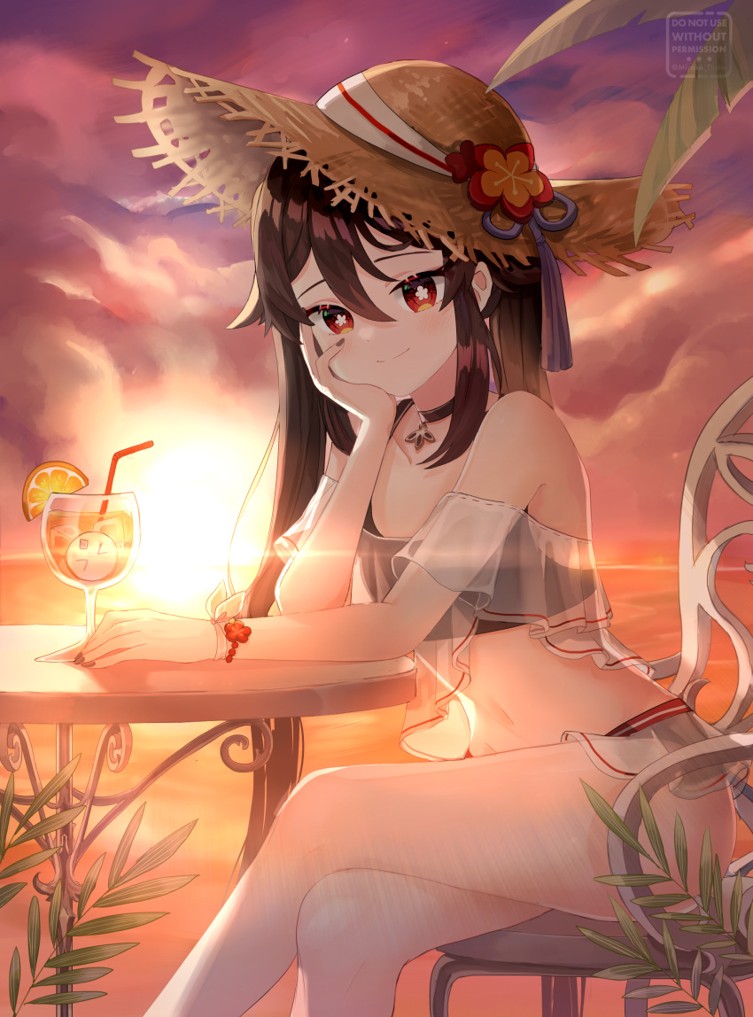 1girl absurdres backlighting bare_legs bare_shoulders black_choker blush brown_hair brown_headwear chair choker closed_mouth cloud cloudy_sky crossed_legs cup drink drinking_glass drinking_straw evening feet_out_of_frame flower flower-shaped_pupils food fruit genshin_impact hand_on_own_cheek hand_on_own_face hat hat_flower hat_ribbon highres hu_tao_(genshin_impact) ice ice_cube long_hair looking_at_viewer miniskirt miyako_draw ocean orange_(food) orange_slice outdoors red_eyes red_flower ribbon see-through sitting skirt sky smile solo straw_hat sunlight sunset thighs twintails very_long_hair water white_skirt wristband