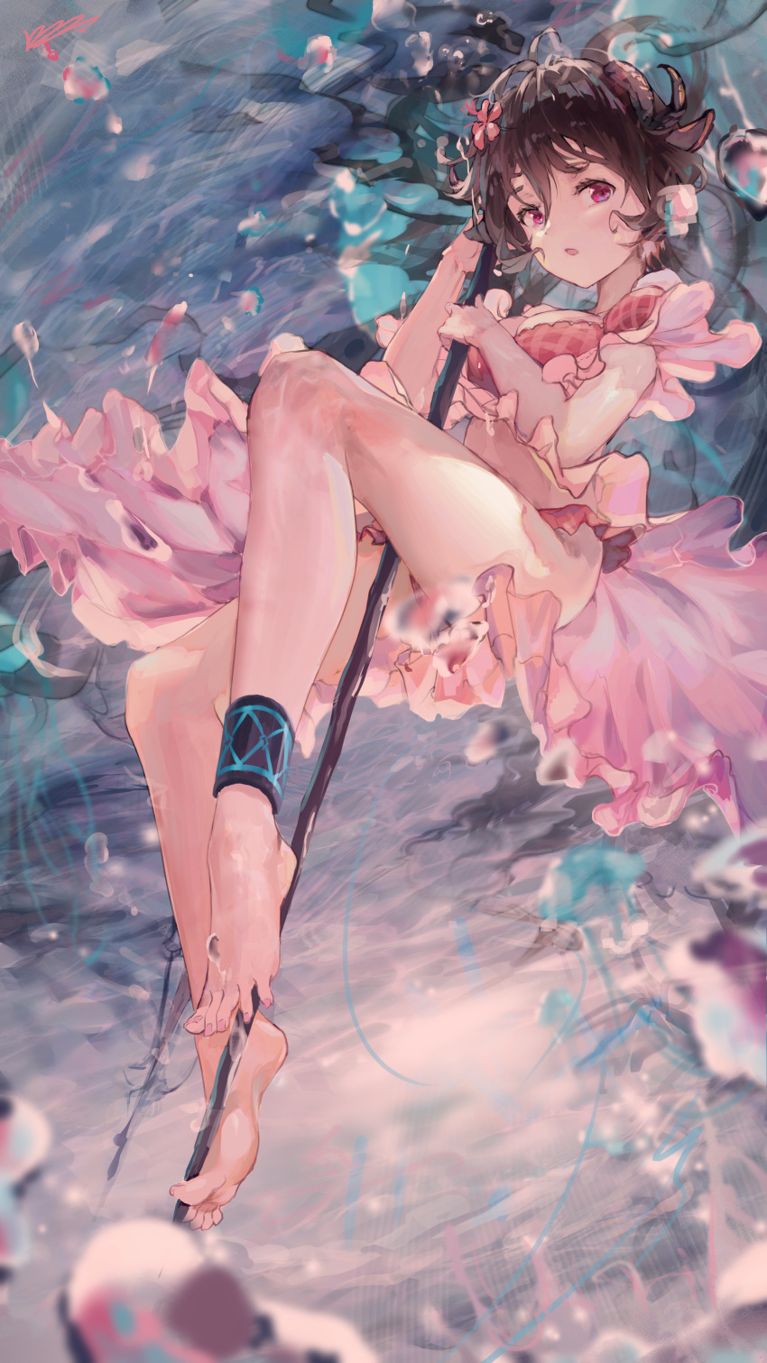 1girl :o absurdres air_bubble animal_ears antenna_hair arknights bangs bare_legs barefoot between_legs bikini breasts brown_hair bubble commentary english_commentary eyebrows_visible_through_hair eyjafjalla_(arknights) eyjafjalla_(summer_flowers)_(arknights) feet floating_hair flower freediving full_body hair_between_eyes hair_flower hair_ornament hands_up highres holding holding_staff horns jellyfish kioroshin legs long_hair looking_at_viewer medium_breasts official_alternate_costume pink_bikini pink_flower pink_nails plaid plaid_bikini purple_eyes revision sheep_ears sheep_horns solo staff swimsuit toenail_polish underwater