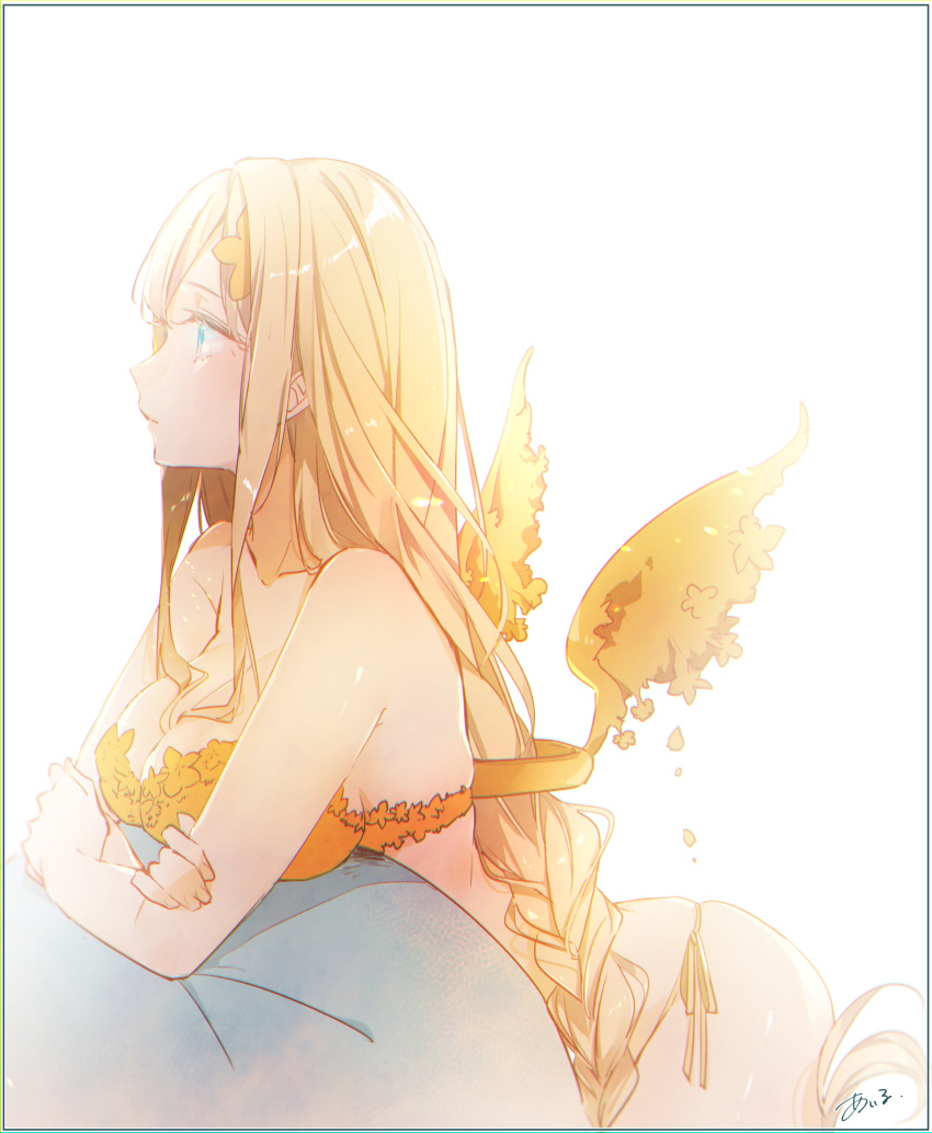 1girl absurdres bad_id bad_twitter_id ball beachball bikini blonde_hair blue_eyes braid breasts cleavage closed_mouth energy_wings expressionless flower hair_flower hair_ornament highres ill_games22 long_hair looking_to_the_side petals rapunzel_(sinoalice) simple_background sinoalice sketch solo swimsuit very_long_hair white_background wings